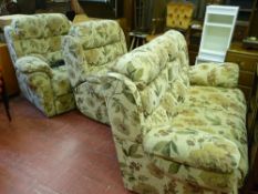 Floral upholstered compact three piece suite including two electric recliner chairs E/T