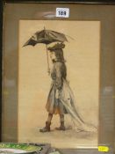LOVELL 19th Century watercolour - girl with parasol, 31 x 20 cms