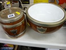 Oak serving bowl with pottery liner and a lidded biscuit barrel, both with EP mounts