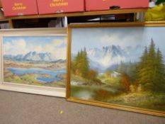 T TRAIN oil on canvas - Scottish landscape with Loch and cottages to the foreground with a modern