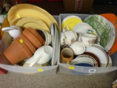 Two plastic crates of decorative plates and teaware with a small quantity of terracotta plant pots