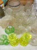 Vintage glassware to include a pair of uranium candlesticks