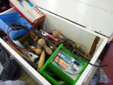 White painted box with contents including garage hand tools, battery charger etc E/T