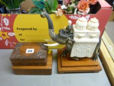 Indian carved horn elephant on stand and two treen boxes