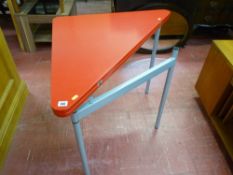 Modern red topped metal framed triangular foldover table
