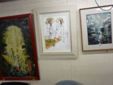 Two abstract oils of street scenes and a 1960's style acrylic on canvas of two young women,