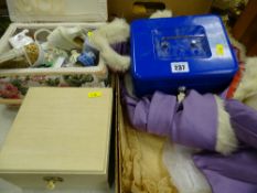 Boxed vintage shawl, haberdashery box with contents etc