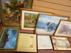 Parcel of woolwork pictures, prints etc