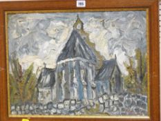 RAYMOND EVANS oil on board - 'Cefn Church', 37 x 50 cms