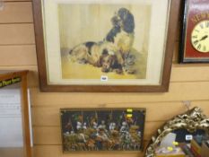 Oak framed print of spaniels and an embossed composition plaque of King Henry V at Agincourt