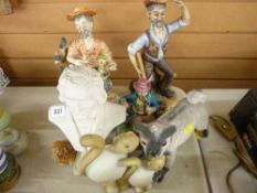 Two Capodimonte figures and one other, a composition bust of Chopin with a selection of animal