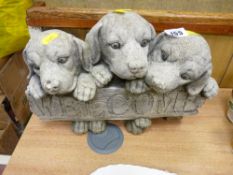 Stoneware garden ornament of three puppies 'Welcome'