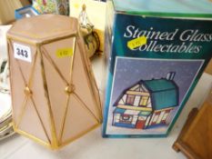 Pink Art Deco glass lampshade and a boxed stained glass cottage