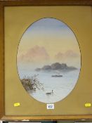 Watercolour, oval format - boating scene with paddle steamer, 38 x 29 cms