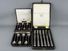 Six teaspoons, six coffee spoons with cocoa bean tops in hallmarked silver and a set of six silver