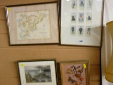 Framed set of golfing cigarette cards, map of Merionethshire, a hand tinted antique print of The