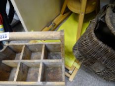 Good parcel of treen ware including bottle carrier with 'Welcome' plaque, wicker fishing basket,
