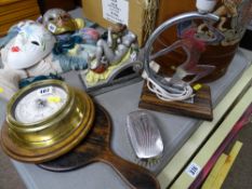 Art Deco chrome lamp, painted composition figure of a classical maiden, a modern wall barometer etc