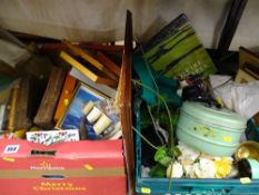 Vintage wall mirror, a quantity of cast iron shoe lasts along with a crate of various household