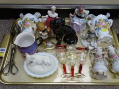 Mixed group of ornaments and glassware etc including a black and gilt decorated open leg Staffs