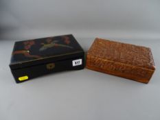 Lacquerwork musical jewellery box and a carved wooden lidded box