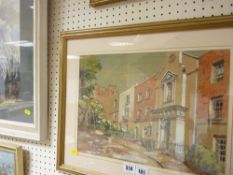 LEONARD GRIMBLE watercolour - street scene of railings in front of buildings, 27 x 36 cms