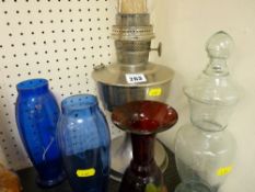 Old oil lamp and a quantity of mixed glassware