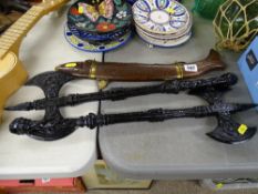 Pair of cast iron axe wall displays and a carved fish, knife and sheath