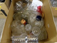 Box of vintage glassware including a cranberry glass jug
