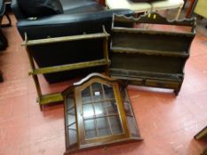 Small glazed wall hanging display cabinet and two other small wooden wall hanging bookshelves