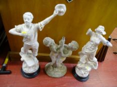 Pair of spelter figures - lady and gentleman A/F on wooden bases and a stone garden ornament of