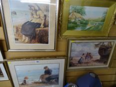 R A WALKER gilt framed watercolour - cottage scene before a pond with figures on the bank and