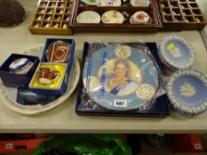 Two commemorative china plates, four Wedgwood Jasperware pin dishes and two small items of boxed