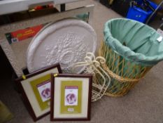 Painted vintage mirror, plaster ceiling rose and a wicker laundry basket and contents