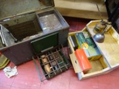 Vintage wooden box with metal corner bandings, interior slider tray and a smaller modern wooden