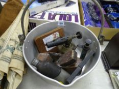 Metal jam pan, blow lamp, block plane etc