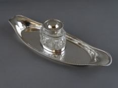 Silver boat shaped inkstand and silver topped bottle, London 1898