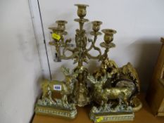 Four branch brass candelabra, a pair of stag doorstops etc