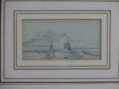 19th Century English School pencil, harbour and shipping scene in rough seas with castle on top of a