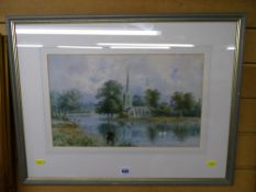 S SHEPHERD watercolour - man fishing with church in the background