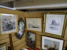 Six various framed prints including one cameo style in a pierced brass frame