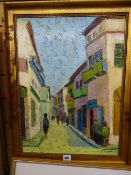Framed oil on board - Continental street scene, indistinct artist's signature