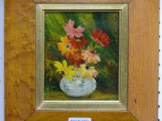 MARGARET STOW oil painting on glass - flowers in a bowl, initialled, 12 x 10 cms