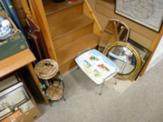 Parcel of mixed items including projector screen, planter stand, tray, convex mirrors, tapestries