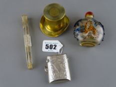 Silver vesta case, Oriental glass opium bottle, gilt decorated scent and a brass match striker in