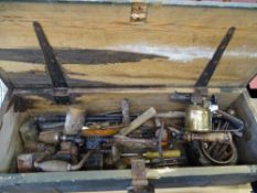Vintage wooden box with vintage hand tool contents