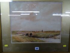 RUSHBURY watercolour - farmer on horseback with cattle by a river