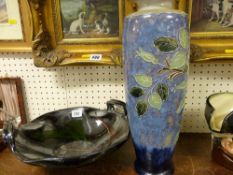 Doulton Lambeth floral decorated vase, approx 36 cms high and a shallow twin handled pottery bowl