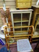 Parcel comprising pine display cabinet with single upper glazed door, a square planter, light wood