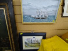 Small ship diorama and a framed print of a castle ruin